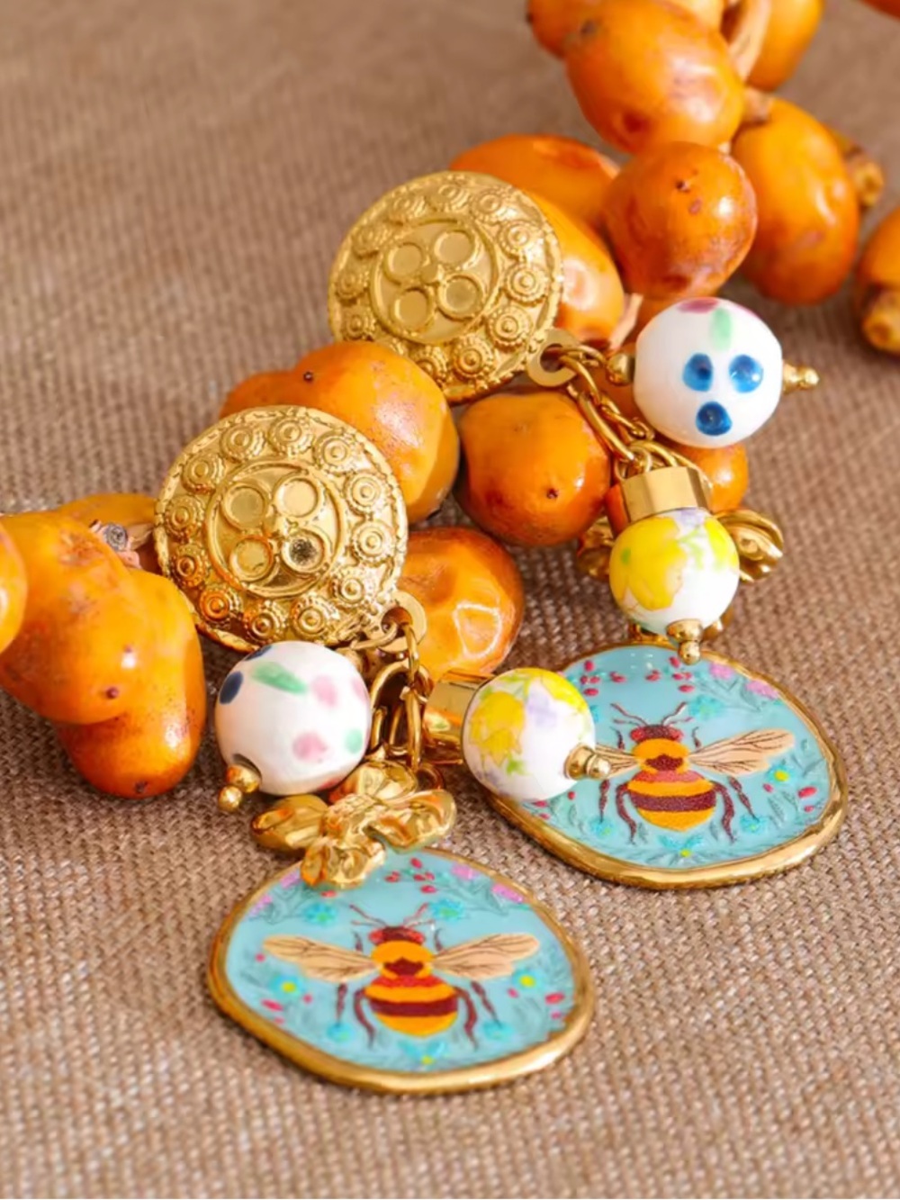 Whimsical Bee Blue Floral Charm Earrings - Picture 3 of 13